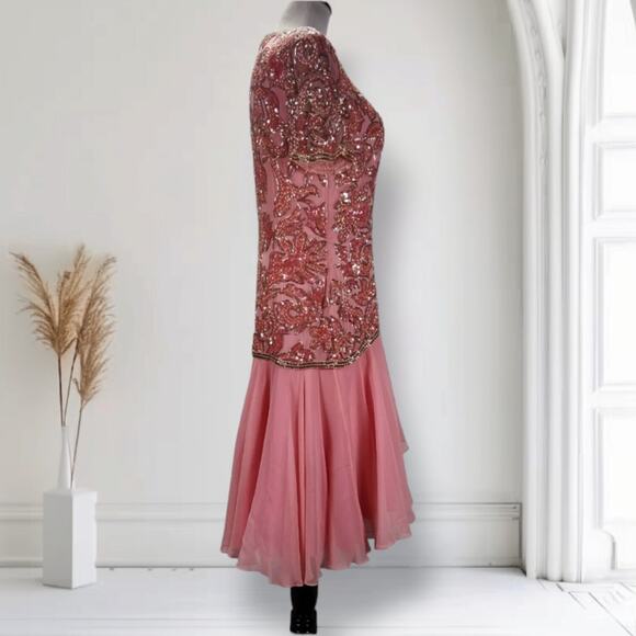 Vintage Lillie Rubin Sequin Silk Cocktail Dress Size 8 Pink Drop Waist Fit Flare - Picture 5 of 16